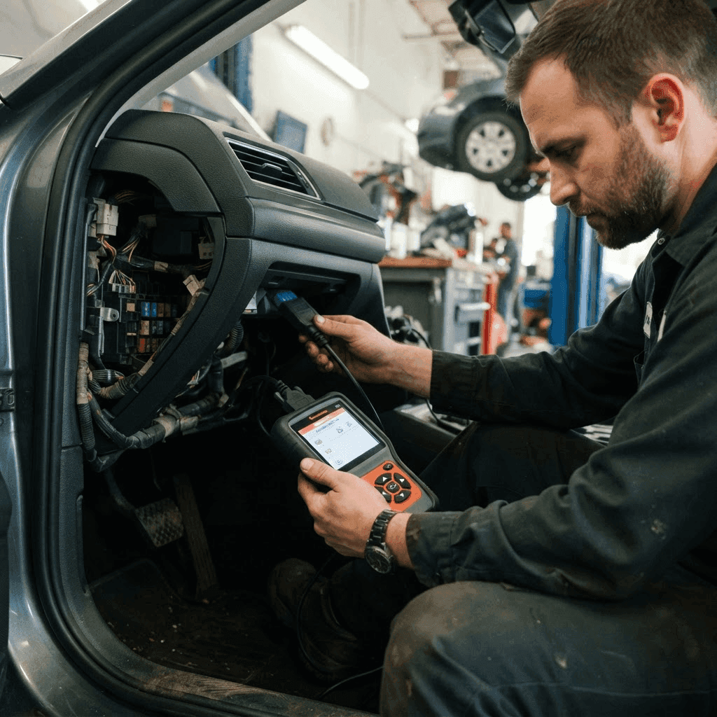 Mecânico utilizando scanner automotivo em veículo Peugeot