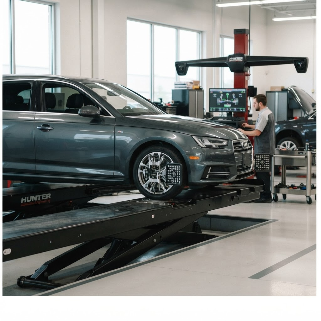 Carro sobre rack de alinhamento com sensores acoplados às rodas