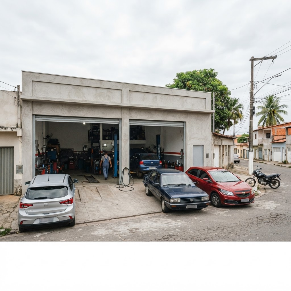 Fachada da oficina com veículos estacionados