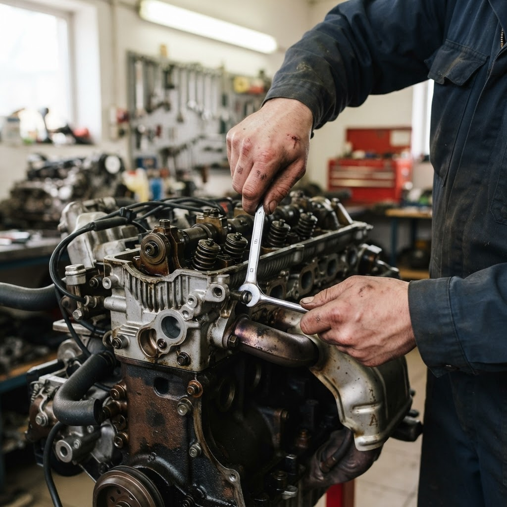 Mecânico realizando manutenção em motor durante troca de óleo